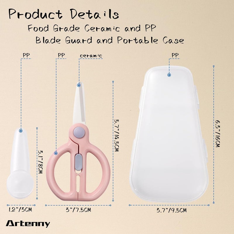 Artenny Ceramic Baby Food Scissors Kids with Travel Case, Toddler Scissors with Safety Lock, Ideal for Pizza, Meats, Noodles, Vegetables, and Fruits (C/D) - Image 5